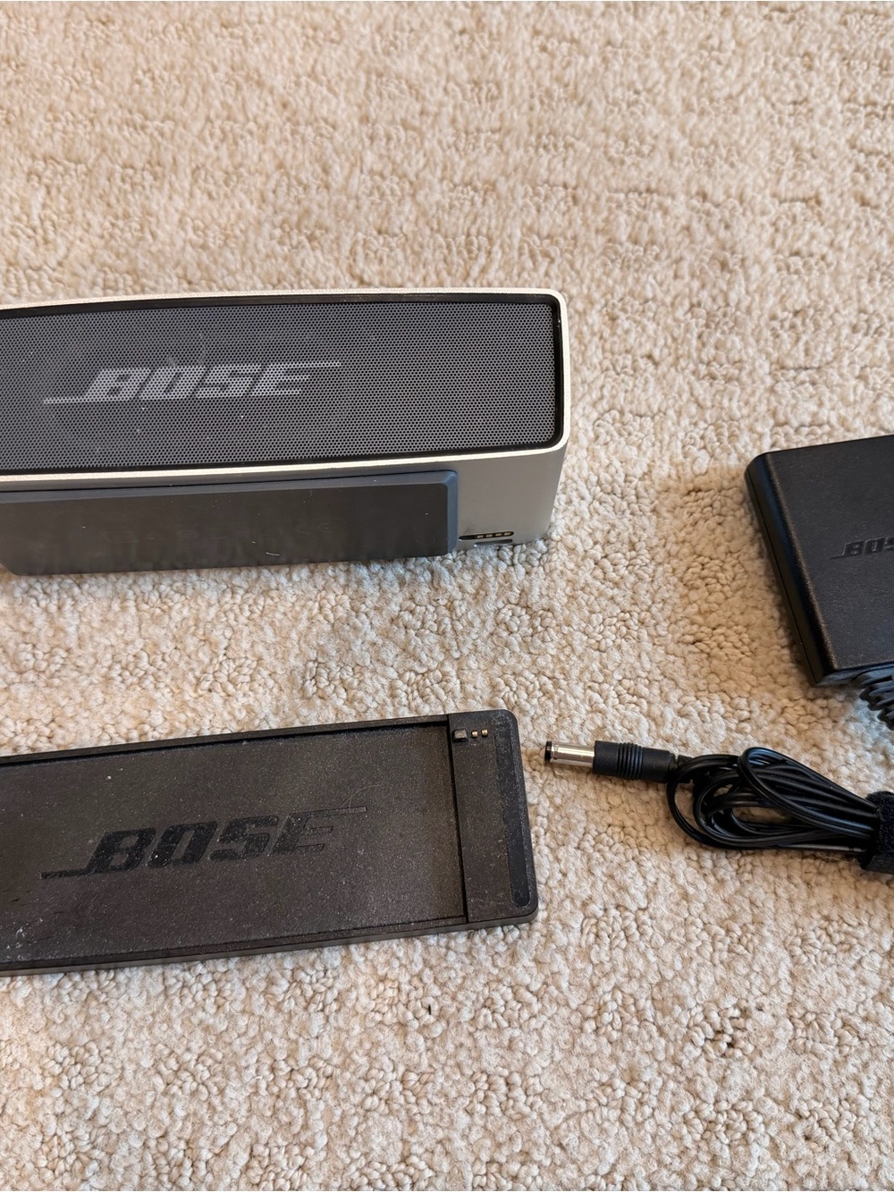 Bose Silver and Black Portable Speaker with Dock and Adapter